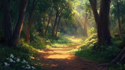 Obraz premium A sunlit forest trail beckons for exploration and fosters a deeper connection with nature