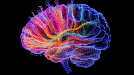 A colorful representation showcases the intricate network of neurons within a human brain. This stunning visualization highlights the complex connectivity and structure, emphasizing brain function