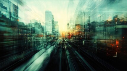 Fototapeta premium Blurred urban landscape featuring numerous structures with a transportation network enhanced by a double exposure effect incorporating graph and technology icons