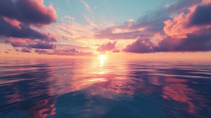 A stunning sunset over a serene ocean showcasing vibrant hues reflecting on the water and soft clouds floating in the sky