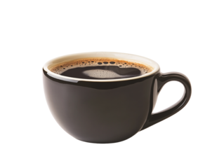 a black coffee cup with a white rim