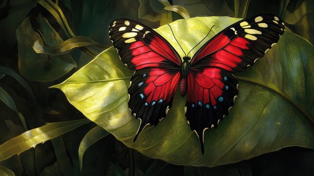 Butterfly resting on a green leaf featuring Parides eurimedes and Mylotes cattleheart species