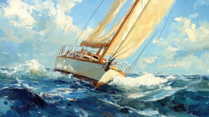 Obraz premium A sleek yacht under full sail tilts into the wind elegantly navigating the open waters highlighting the vibrant essence of sailing