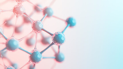 Obraz premium Abstract molecular network in pastel pink and blue tones, micro-level detail with glowing nodes and connections, futuristic biochemistry concept, soft bokeh background