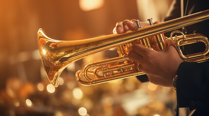 Closeup of a musician's hands skillfully playing a trumpet in a dimly lit jazz club during an...