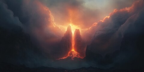 Majestic volcanic eruption against a dramatic cloudy sky.