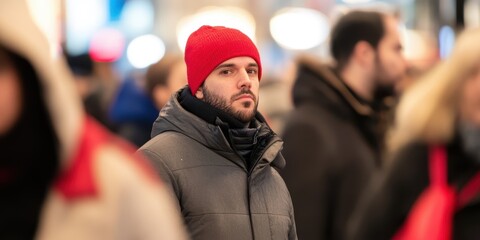 Man in red hat stands out in crowded urban street, winter atmosphere.