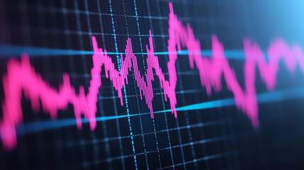 Dynamic financial graph, vivid pink and blue lines on a dark digital background, showcasing data trends, futuristic design with glowing highlights.
