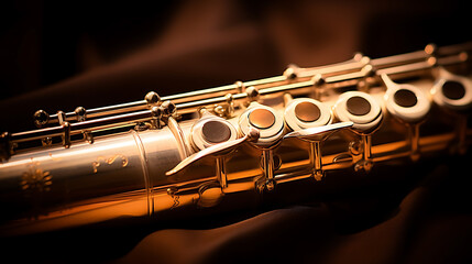 Naklejka premium Intricate gold flute rests among delicate orange flowers, showcasing exquisite craftsmanship and a sense of musical chaos in a serene setting