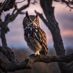 Fototapeta premium An owl with big, curious eyes perched on a tree branch at dusk.