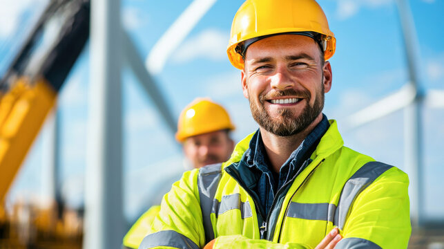 confident technician smiles while working on offshore wind turbine project, showcasing teamwork and safety in vibrant environment