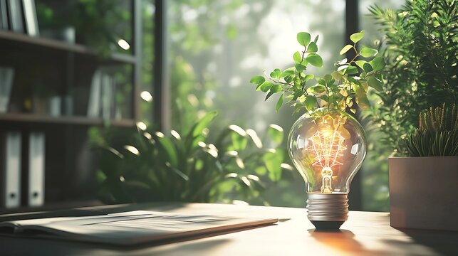 A modern desk with a clear light bulb sprouting leaves from within, set against a backdrop of tall green plants and natural sunlight streaming in