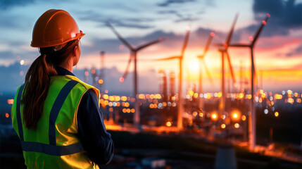 technician in safety vest and helmet observes offshore wind turbines at sunset, reflecting on importance of renewable energy