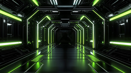 Futuristic black and neon green hexagon grid, glowing lines and reflections, immersive tech background with a cyberpunk vibe.