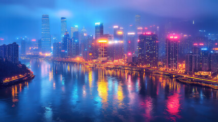 Naklejka premium Chongqing nights a mesmerizing display of colorful lights and urban design
