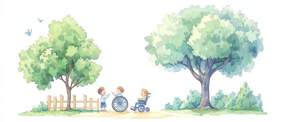 Two children interact joyfully in a park, one in a wheelchair. Lush trees and a fence create a serene, inclusive atmosphere.