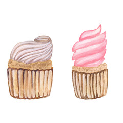 cupcakes with vanilla and strawberry cream set watercolor illustration isolated on white background base for textile card printing