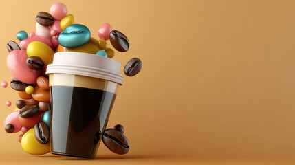 Coffee cup with colorful candies and coffee beans, vibrant and playful