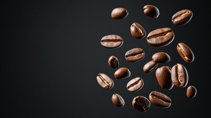 Fresh coffee beans floating against dark background, creating dynamic visual