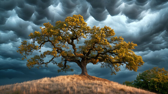 A lone oak tree stands on a grassy hill, its branches reaching towards a dramatic sky filled with storm clouds. - Powered by Adobe