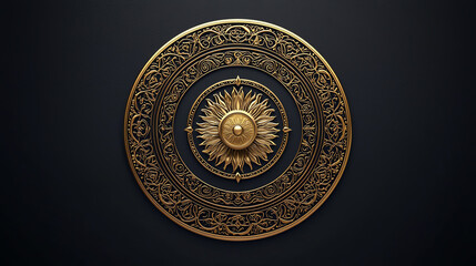 Luxurious zodiac wheel illustration in gold on a dark background, intricate detailing, sun motif center, cosmic energy, perfect for astrology or mystical designs.
