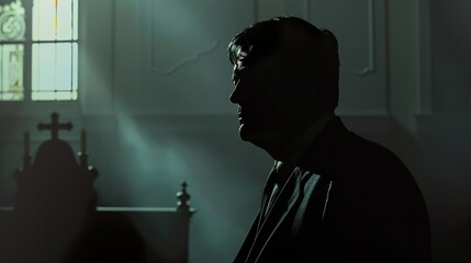 Silhouette of a Religious Figure in a Church Interior