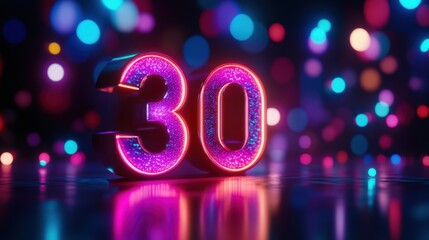 Illuminated numbers display the number 30 in vivid colors, surrounded by a dazzling array of lights, creating a lively celebratory ambiance perfect for a milestone event