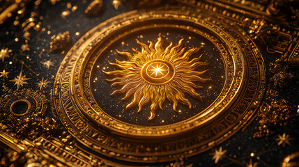 Fototapeta premium Golden astrological chart on a dark canvas, sun symbol radiating in the center, elaborate star engravings, captivating celestial art with spiritual significance.
