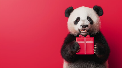 Adorable panda holding a red gift box with a ribbon on a red background. Minimal banner with copy space. Postcard, card.
