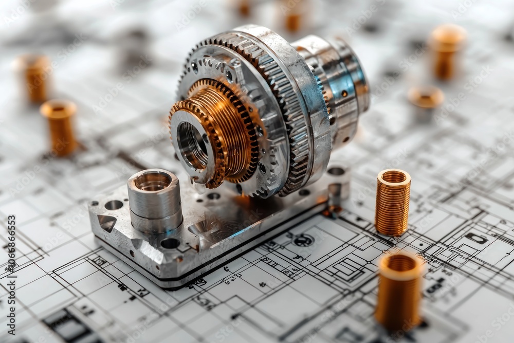 Poster close-up of a complex mechanical gear system on a blueprint.