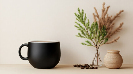 modern black coffee cup with greenery and decorative elements