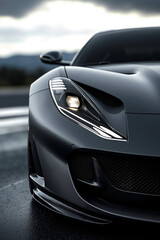A black sports car driving on a wet road under a cloudy sky