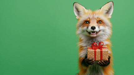 Cute fox holding a red gift box with a bow on a green background. Minimal banner with copy space. Postcard, card.