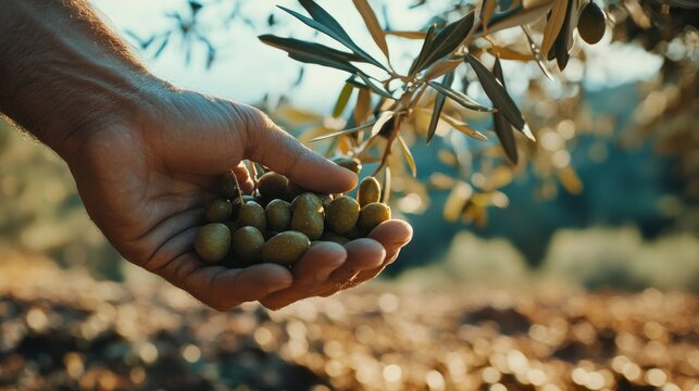 Human hands gently picking olives off a branch,