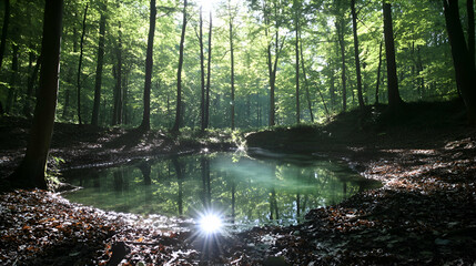 Obraz premium A small pond in a forest, surrounded by green trees, with sunlight reflecting on the water.