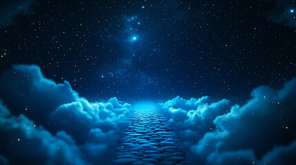 Fototapeta premium Whimsical cloud pathway stretching into the night, ethereal and otherworldly with thousands of tiny stars, surreal journey into space, fantasy landscape.
