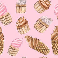 chocolate ice cream in a waffle cup cupcakes with vanilla and strawberry cream seamless pattern watercolor illustration isolated on a pink background base for textile card printing
