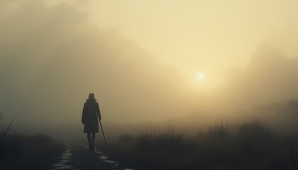 Lone figure with a cane walking along a misty path at sunrise in a tranquil landscape
