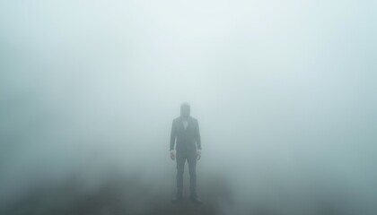 Obraz premium Lone figure in a suit standing amidst dense fog with an air of mystery and uncertainty