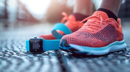 A runner's shoe and smartwatch on a brick pathway.