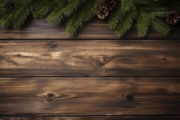 Rustic wooden backdrop with evergreen branches and pine cones for festive decorations