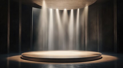 The modern stage features an empty podium bathed in dramatic light, creating an atmosphere of anticipation for an upcoming presentation or performance in an intimate setting