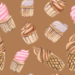 chocolate ice cream in a waffle cup cupcakes with vanilla and strawberry cream seamless pattern watercolor illustration isolated on a beige background base for textile card printing