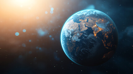 Fototapeta premium Realistic of Earth, beautifully illuminated with vibrant blue and earthy brown hues, reflecting on a glass-like surface, soft bokeh background, atmospheric lighting