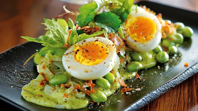 A plate of deviled eggs with edamame and herbs, a delicious and healthy snack