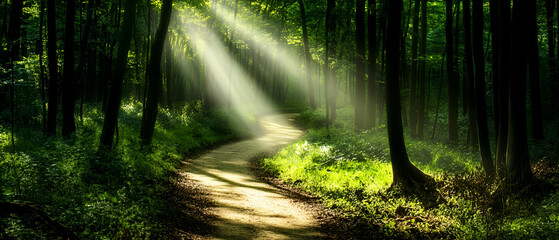 Obraz premium A winding path through a lush green forest, with sunlight streaming through the trees.