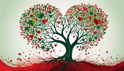 Obraz premium Surreal illustration of a heart-shaped tree with colorful leaves and hearts on a vibrant background
