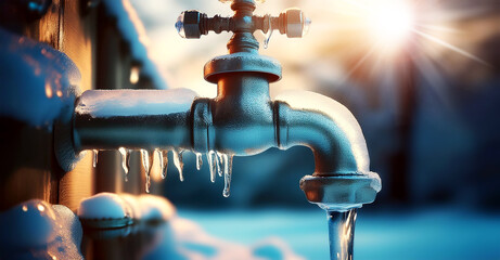 Extreme close-up of a frozen water pipe and an ice-covered faucet in winter with sunlight and sunbeams on background. Generative Ai.