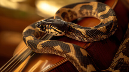 Obraz premium Snake, Long, slithering reptile with scaly skin Coiling Around a Musical Instrument