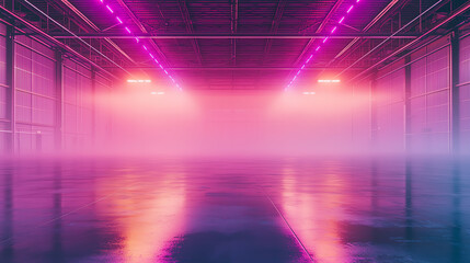 Empty warehouse-like space with neon pink and purple overhead lights, misty air and reflections on a polished floor, modern and futuristic look.